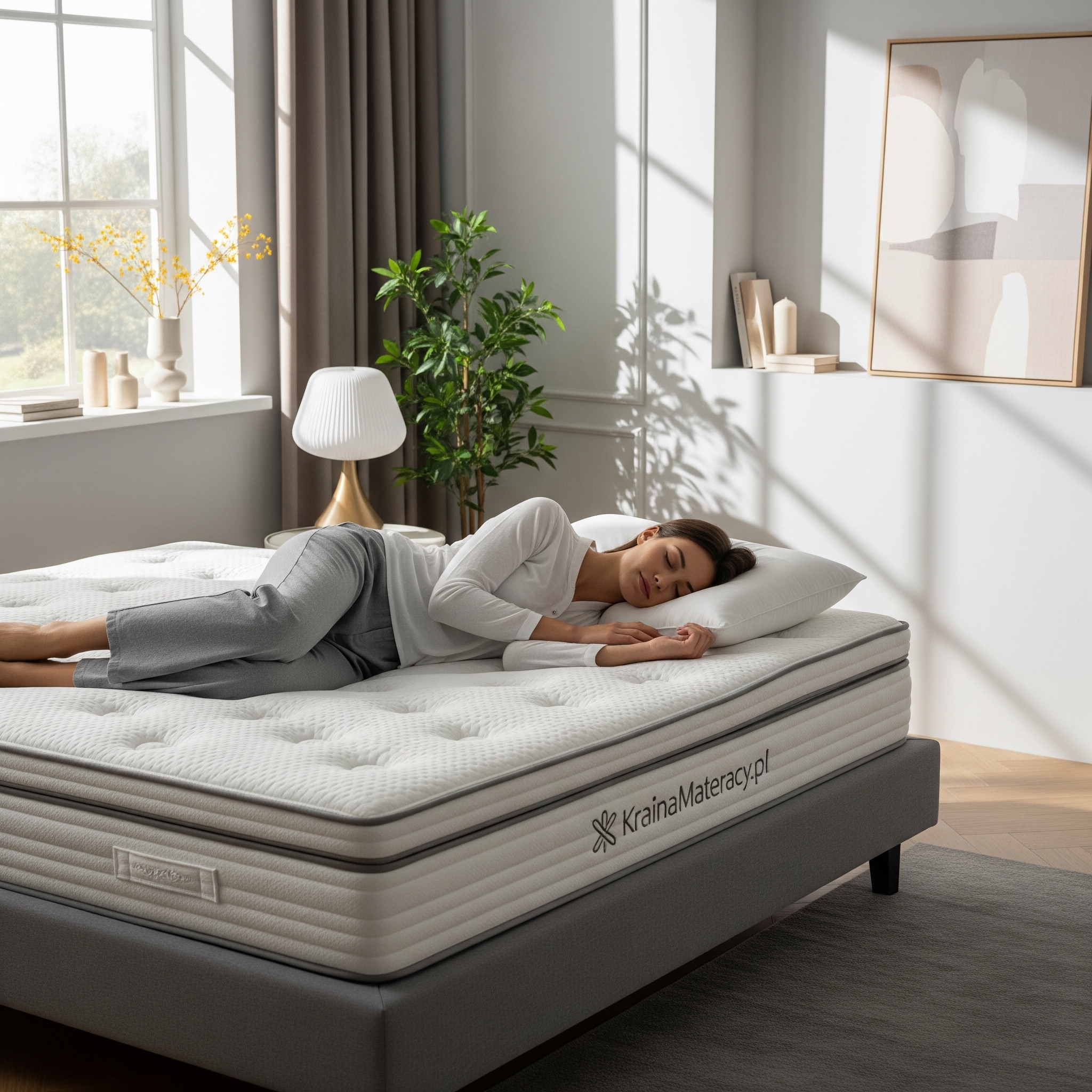 Kobieta śpiąca na boku na dobrze dobranym materacu, który zapewnia prawidłowe podparcie dla kręgosłupa.